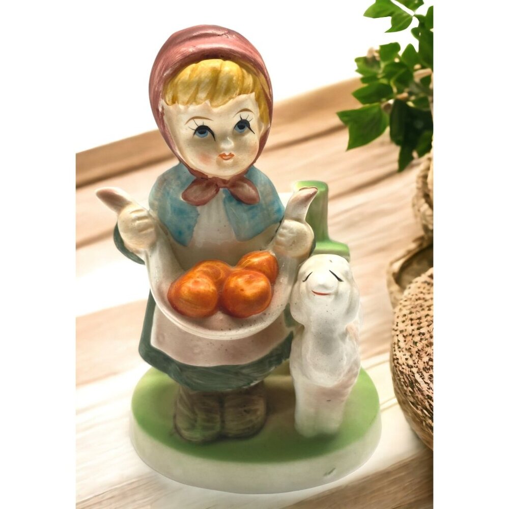 Little Girl Peasant Gardener Figurine Vintage Porcelain Lamb Gathering Apples